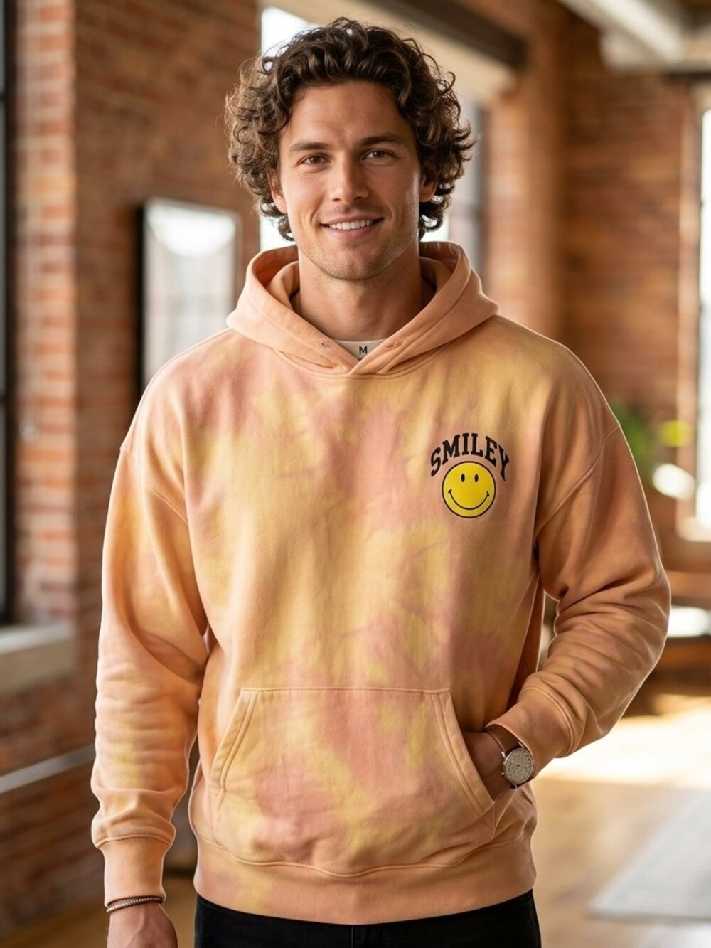 SMILEY Sweatshirts Men's Medium by H&M Orange Smiley Face Oversized Fit Hoodie